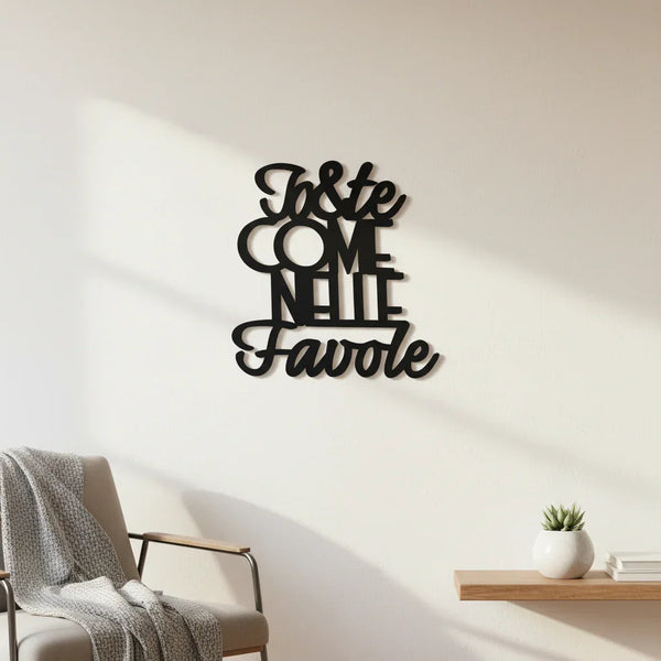 Black wooden wall decoration with Italian phrase, minimalist living room with armchair and small plant