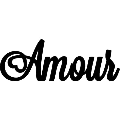 Black wooden home decoration word 'Amour' with heart-shaped design on white background