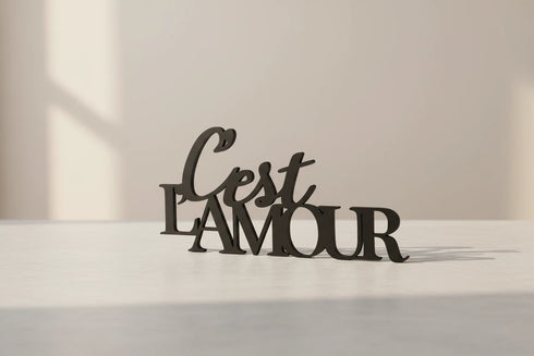 Black wooden decorative text 'C'est L'Amour' on light surface with soft window light in home decor setting