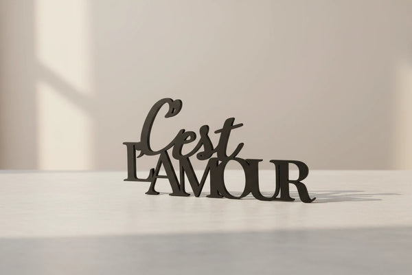 Black wooden decorative text 'C'est L'Amour' on light surface with soft window light in home decor setting