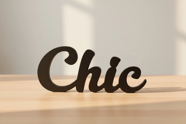 Black wooden decor word 'Chic' on wooden surface with soft shadows in natural light