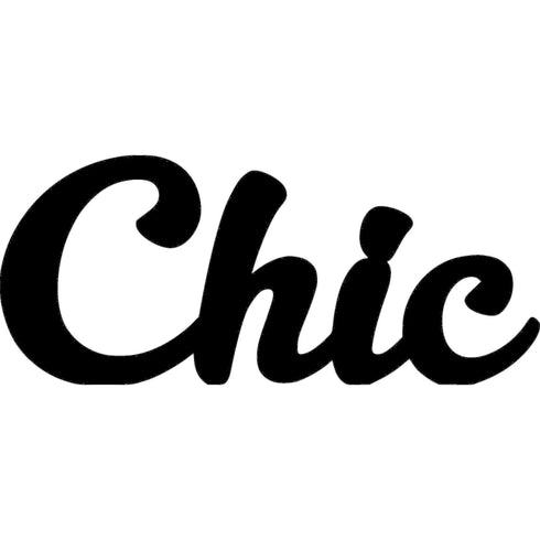 Black wooden home decoration sign spelling Chic in cursive script