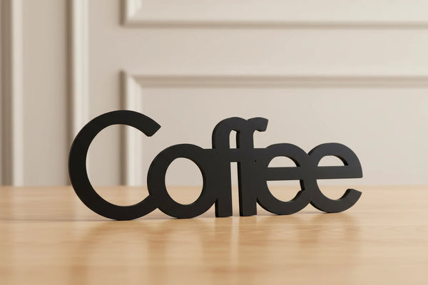 Black wooden decorative word 'Coffee' on wooden table with beige paneled wall background