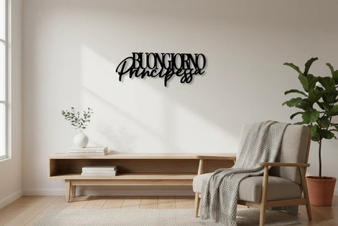 Minimalist living room with wooden bench, armchair with gray knit throw, potted plant, and black wall art saying Buongiorno Principessa