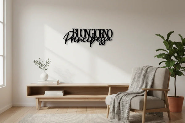 Minimalist living room with wooden bench, armchair with gray knit throw, potted plant, and black wall art saying Buongiorno Principessa