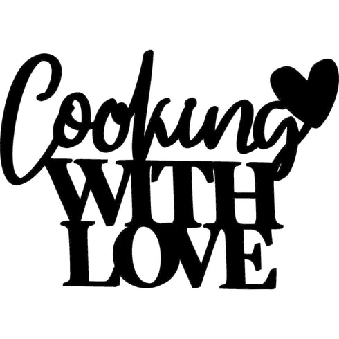 Black wooden wall decoration with phrase Cooking With Love and heart shape on white background