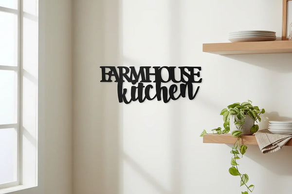 Black farmhouse kitchen wooden wall sign with shelves holding plates and a trailing potted plant
