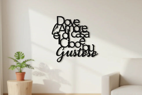 Black wooden wall decoration with Italian phrase in modern home interior with potted plant and sofa