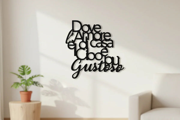 Black wooden wall decoration with Italian phrase in modern home interior with potted plant and sofa