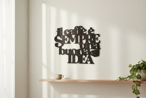 Modern black wooden wall decor with Italian coffee quote, cup, light wood shelf with cup and vine plant