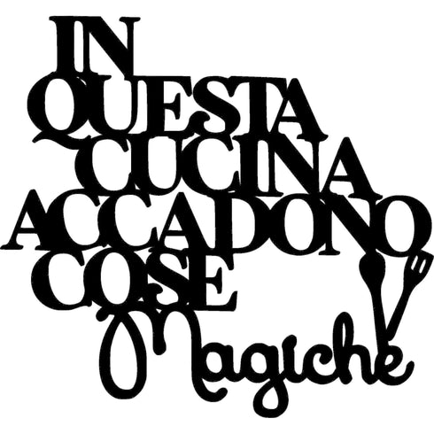 Black wooden kitchen wall decoration with Italian phrase and fork and spoon accents