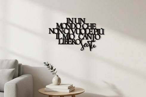 Minimalist living room with wooden Italian quote wall decoration, beige sofa, round table with books and vase