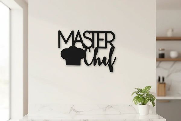 Black wooden wall decoration with 'Master Chef' text and chef hat silhouette in modern kitchen