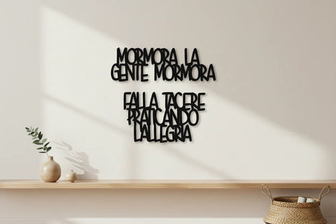 Modern wooden wall decor with Italian quote in black, minimalist home decoration with vase and basket