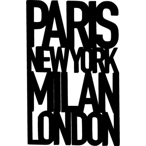 Black wooden wall decoration sign featuring the names Paris, New York, Milan, London in bold letters