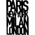 Black wooden wall decoration sign featuring the names Paris, New York, Milan, London in bold letters
