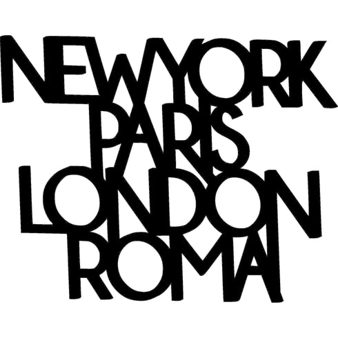 Black wooden wall decor featuring overlapping city names New York, Paris, London, and Roma