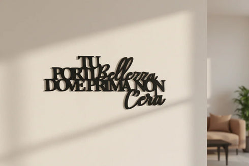 Black wooden wall decoration with Italian motivational quote in modern living room