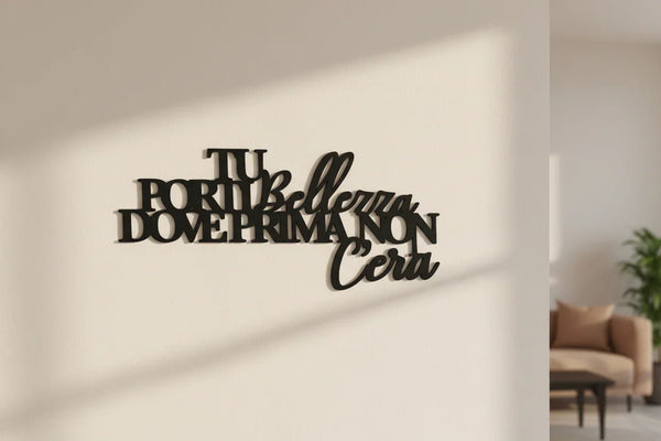 Black wooden wall decoration with Italian motivational quote in modern living room