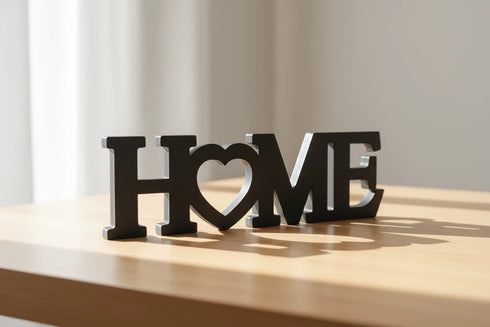 Black wooden decorative word HOME with heart shape as O on wooden surface, home decoration
