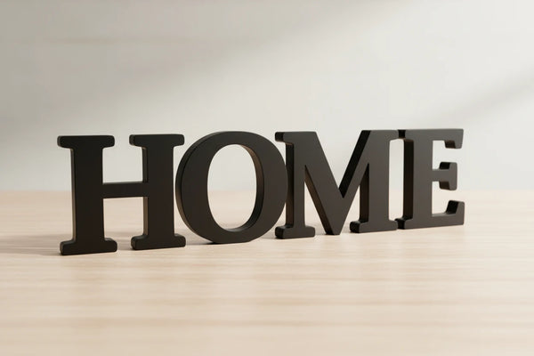 Black wooden letters spelling HOME on light wood surface, minimal home decoration