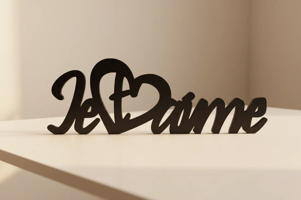 Black wooden decorative sign saying 'Je t'aime' with a heart shape, placed on a white table in minimalist home decor