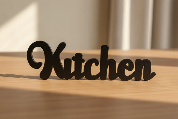 Black wooden kitchen decor text on light wooden table with soft natural lighting