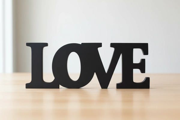 Black wooden decorative letters spelling LOVE on wooden surface with white background for home decor