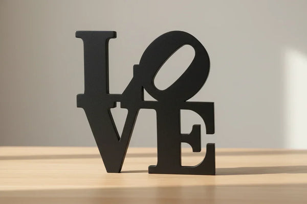 Black wooden decorative letters forming the word LOVE on a light wooden surface for home decor