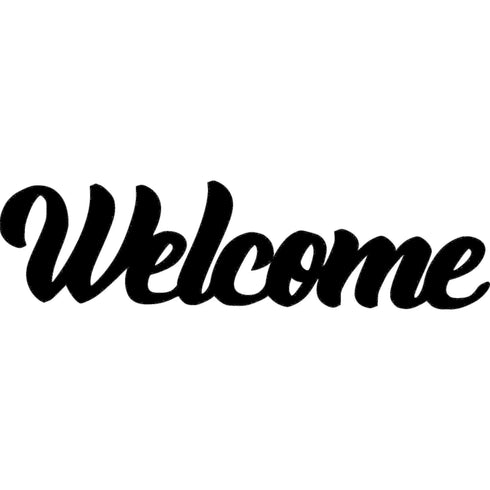 Black wooden script cutout sign spelling Welcome for home decoration