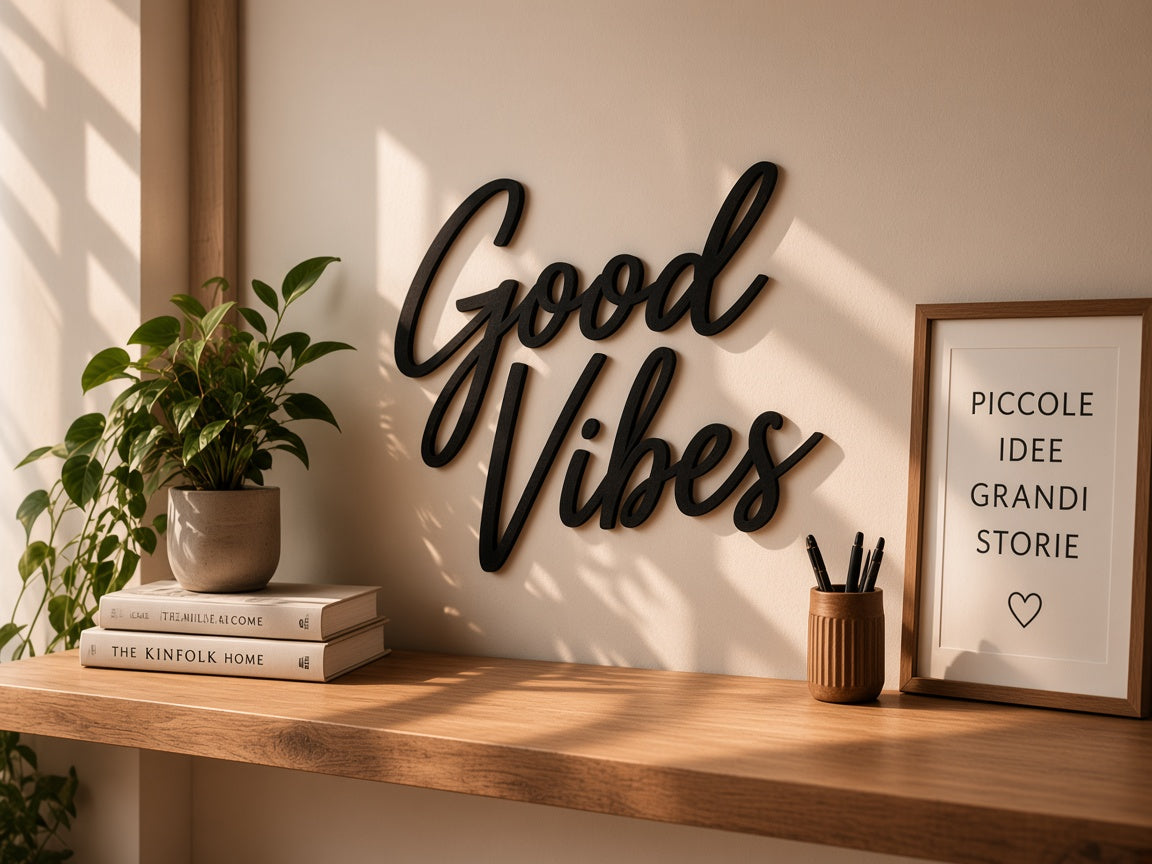 Riferimento visivo: scritta Good Vibes sullo scaffale