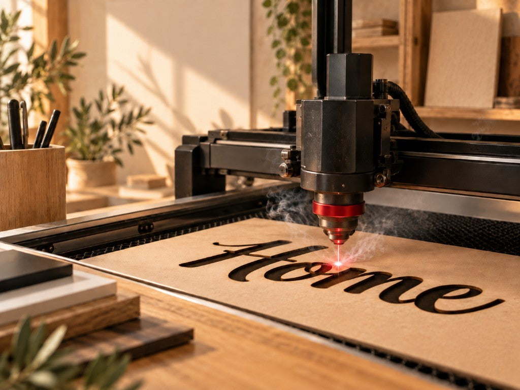 Taglio laser della scritta Home sul legno